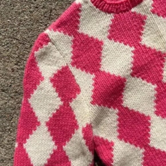 Deadstock 70s Vintage Pink Wool Diamond Print Puff Sleeve Sweater XS S Women’s - Picture 3 of 4
